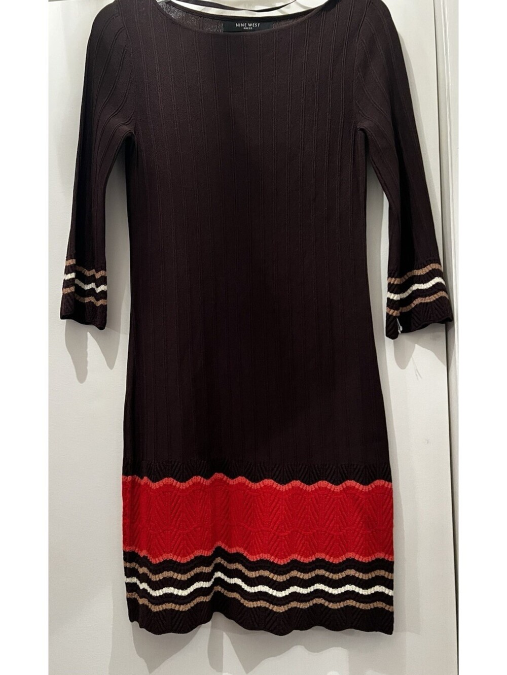 1990’s Nine West Extra Small Sweater Dress Brown Red White Striped Knit